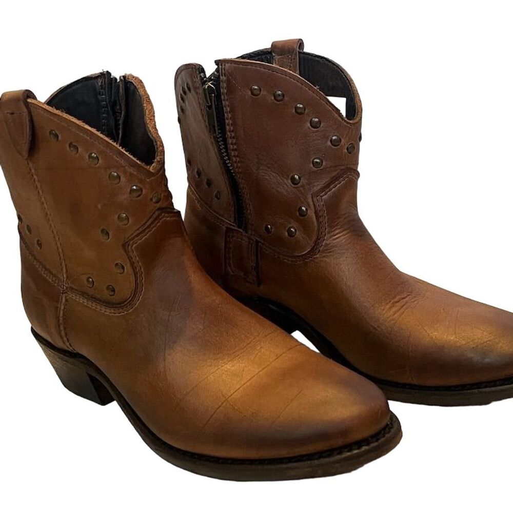 Women's Brown Leather Studded Ankle Boots Western Style Side Zip Shoes